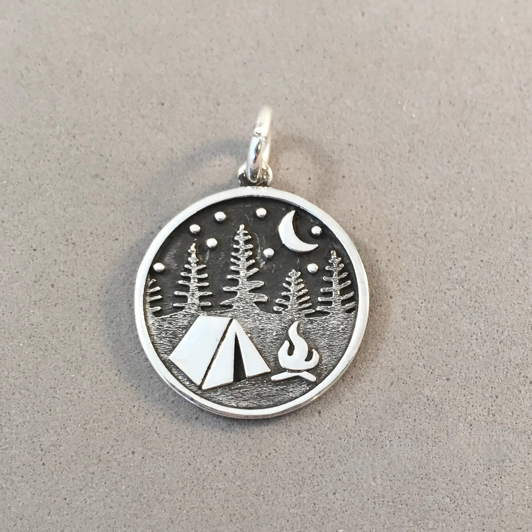 CAMPING SCENE .925 Sterling Silver Charm Pendant Campfire Tent Moon Forest SC11