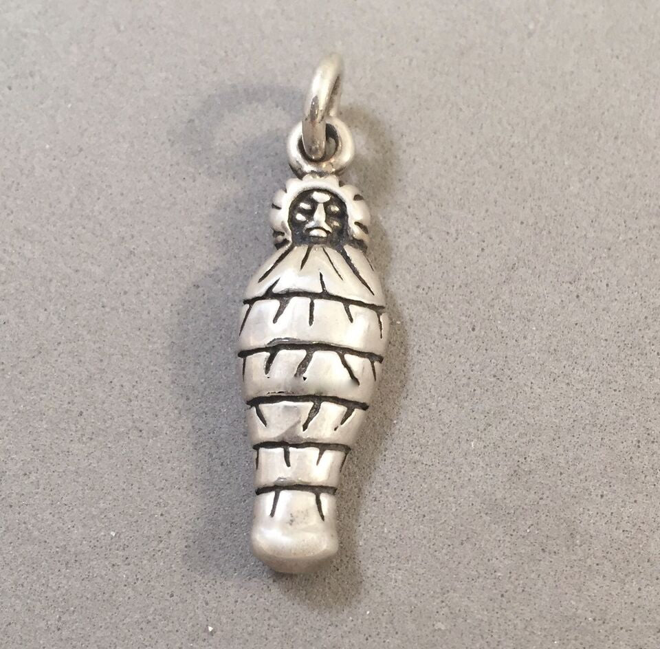 Sale! MUMMY BAG .925 Sterling Silver Small 3-D Charm Pendant Sleeping Bag Camping Papoose SL21P