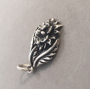 Sale! FLOWER with Leaves Heavy .925 Sterling Silver 3-D Charm Pendant Flower Garden Nature SL70K