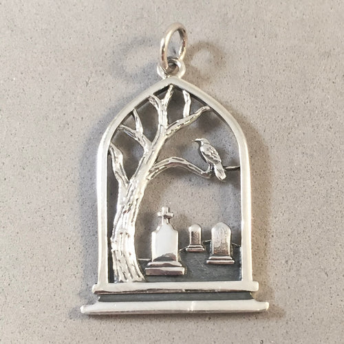 GRAVEYARD .925 Sterling Silver Charm Pendant Halloween HH22