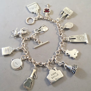 BARCELONA MEMORIES .925 Sterling Silver Travel Souvenir Charm Bracelet La Sagrada, Casa Batallo, Parc Guell Montserrat and More!