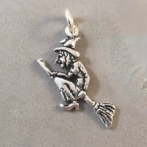 Sale! WITCH .925 Sterling Silver Charm Pendant Wicked of the West Flying on Broomstick Halloween SL20J