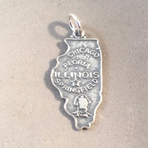 Sale! ILLINOIS MAP .925 Sterling Silver State Charm Travel Chicago Peoria Springfield ST-IL