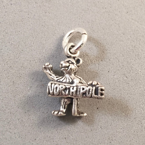 NORTH POLE .925 Sterling Silver 3-D Charm Pendant Bear Christmas Holiday CH04