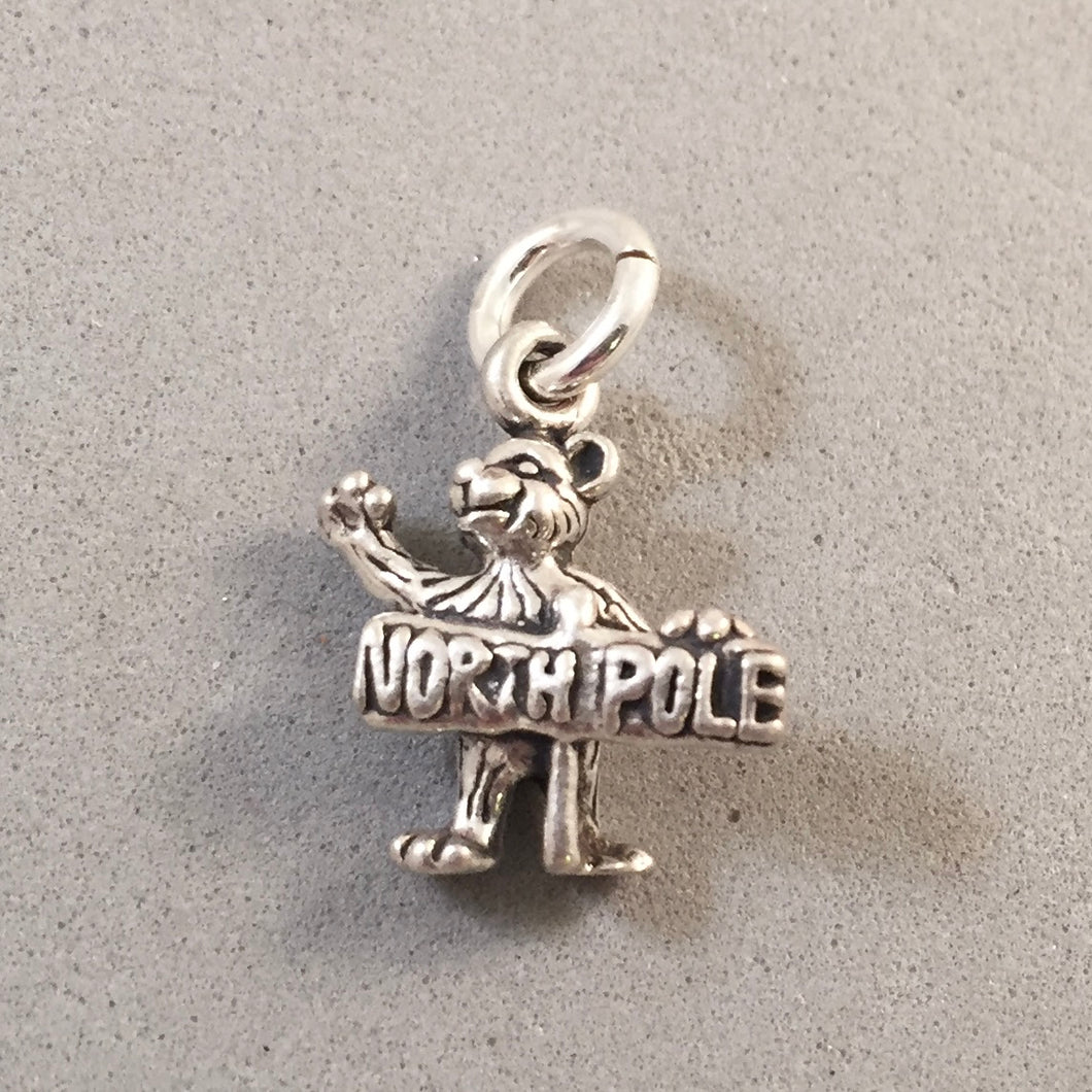 NORTH POLE .925 Sterling Silver 3-D Charm Pendant Bear Christmas Holiday MC04