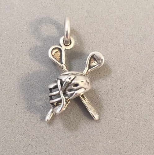 Sale! LACROSSE HELMET & STICKS .925 Sterling Silver 3-D Charm Pendant Equipment Field Box Intercross Player SL82J