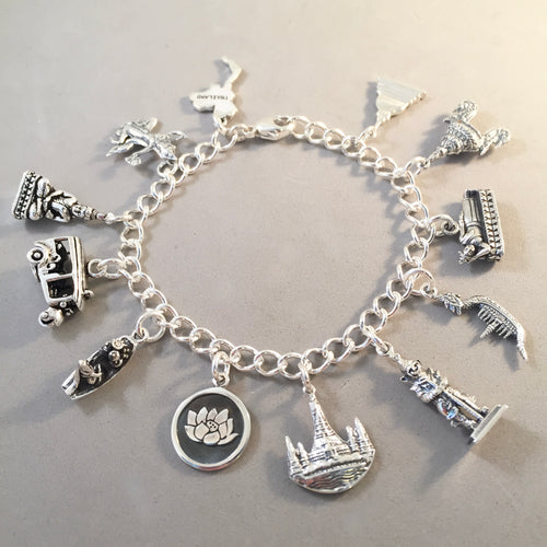 BANGKOK MEMORIES .925 Sterling Silver Travel Souvenir Charm Bracelet Thailand Tuk Tuk Buddah Wat Arun Thai Dancer  and More!