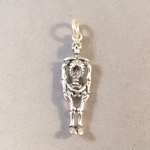 SKELETON .925 Sterling Silver 3-D Charm Pendant Halloween Anatomy HH21