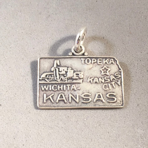 Sale! KANSAS MAP .925 Sterling Silver State Charm Travel Topeka Wichita Kansas City ST-KS