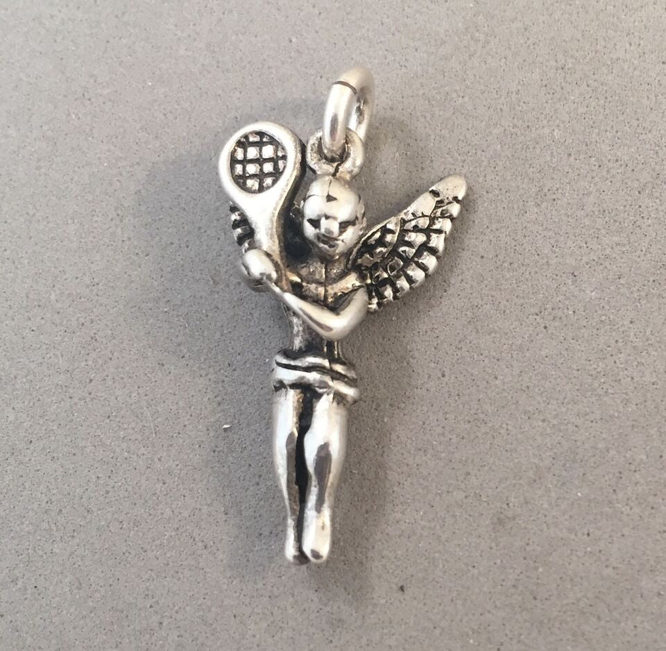 Sale! TENNIS PLAYER ANGEL .925 Sterling Silver Charm Pendant Racket Girl Sports SL30H