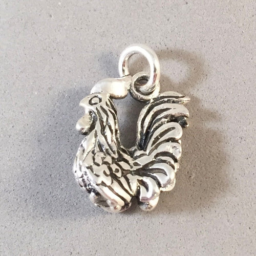 ROOSTER Sitting .925 Sterling Silver Charm Pendant Bird Chicken BI16