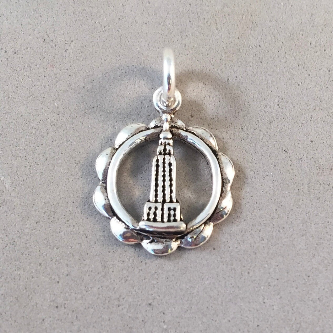 EMPIRE STATE BUILDING Scalloped Circle .925 Sterling Silver Charm Pendant Landmark New York City Manhattan Travel TY19