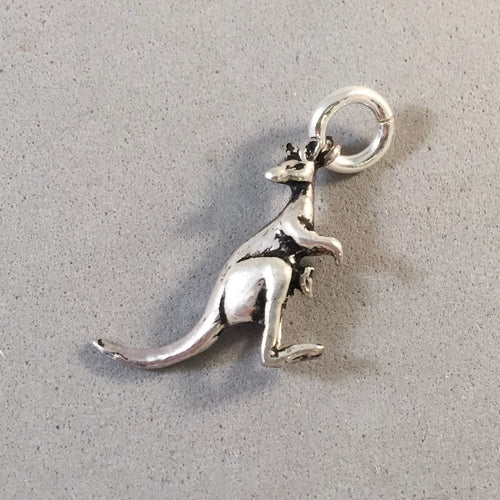 KANGAROO with Baby Joey in Pouch .925 Sterling Silver 3-D Charm Pendant Australia Animal AN66