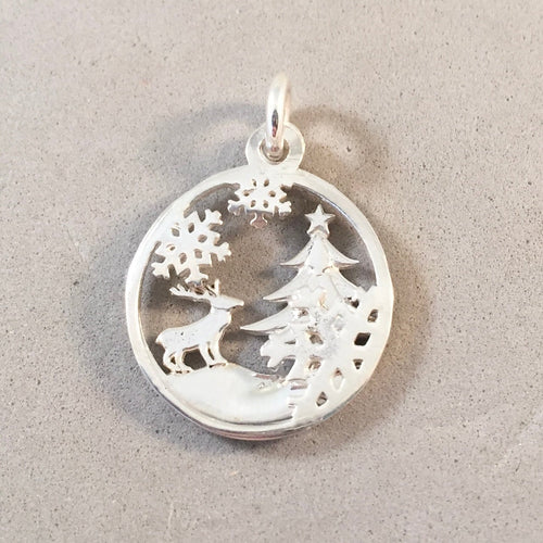 REINDEER, SNOWFLAKES & TREE .925 Sterling Silver Charm Pendant Moveable Double Layer Snow Globe HL25