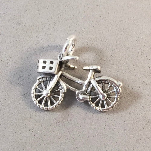 BICYCLE with BASKET 3-D .925 Sterling Silver Charm Pendant City Tour Bike Ten Speed Amsterdam Travel SP22