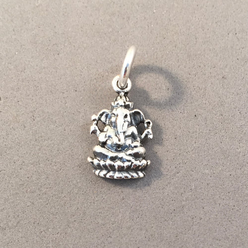 GANESHA Small One Sided .925 Sterling Silver Charm Pendant Hindu God Ganapati Elephant fa09