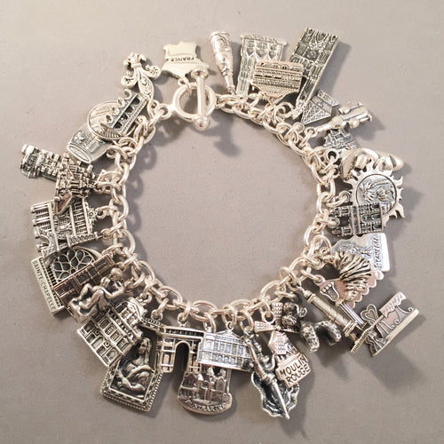 ALL THINGS FRANCE .925 Sterling Silver Travel Souvenir Charm Bracelet Paris Strasbourg French Riviera Chateau's and More!