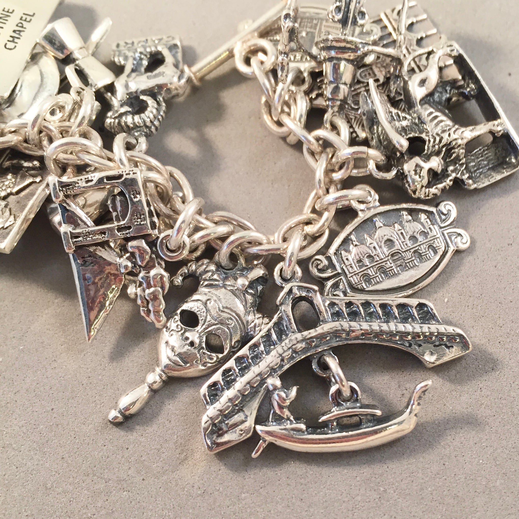 Italy Sterling Silver Charm Bracelet 7” With Sterling 9 Charms / Spacers  #2965