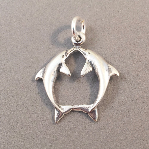 DOLPHINS KISSING .925 Sterling Silver Charm Pendant Nautical Sea Life Ocean Two Jumping Pair BV06