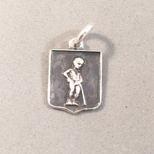MANNEKEN PIS Shield .925 Sterling Silver Charm Pendant Brussels Belgium Fountain Sculpture Boy Travel td08