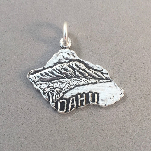 OAHU .925 Sterling Silver MAP Charm Pendant Hawaii Island Honolulu Pearl Harbor Waikiki TH06