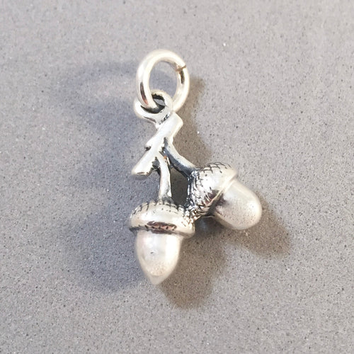 ACORNS Two hanging on a Branch .925 Sterling Silver 3-D Charm Pendant Squirrel ga50