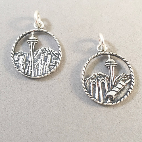 SEATTLE SKYLINE .925 Sterling Silver Charm Pendant Monorail Rainier WA Travel NW05