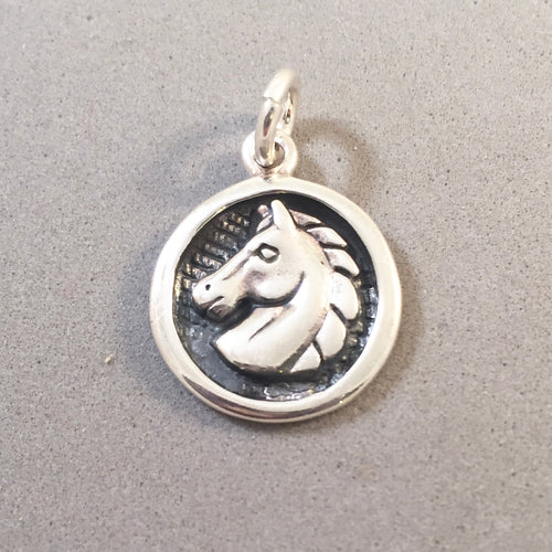 HORSE HEAD on Disc .925 Sterling Silver Charm Pendant Mare Stallion Equestrian Round CC01