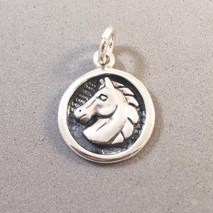 HORSE HEAD on Disc .925 Sterling Silver Charm Pendant Mare Stallion Equestrian Round CC01