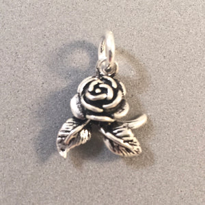 ROSE W LEAVES .925 Sterling Silver 3-D Charm Pendant Flower Festival Portland City ga11