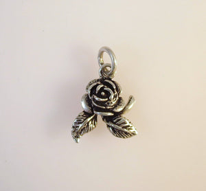 ROSE W LEAVES .925 Sterling Silver 3-D Charm Pendant Flower Festival Portland City ga11