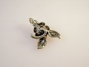 ROSE W LEAVES .925 Sterling Silver 3-D Charm Pendant Flower Festival Portland City ga11