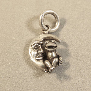 FROG Sitting on the MOON .925 Sterling Silver 3-D Charm Crescent Man in the Moon my02