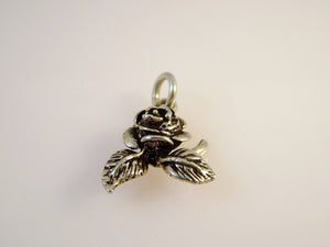 ROSE W LEAVES .925 Sterling Silver 3-D Charm Pendant Flower Festival Portland City ga11