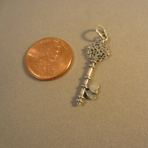 Sale! KEY with HEARTS .925 Sterling Silver 3-D Charm Pendant "Key to my Heart" Skeleton Key HM124