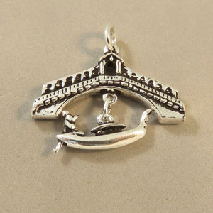 GONDOLA & RIALTO BRIDGE .925 Sterling Silver 3-D Charm Pendant Italy Venice Canal Gondolier TI01