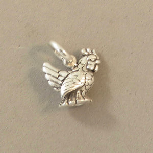 CHICKEN / HEN .925 Sterling Silver 3-D Charm Small Tiny Pendant Bird bi14