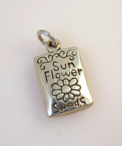 SUNFLOWER SEEDS PACKET .925 Sterling Silver 3-D Charm Pendant Sun Flower Package  Plant Kansas GP02