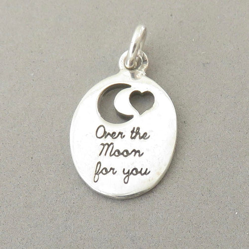 Sale!!! Over the Moon For You .925 Sterling Silver Charm Pendant with Heart Moon Cut Outs Word Inspirational Saying SL83a
