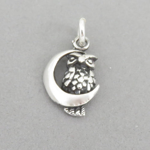 OWL SITTING On The MOON .925 Sterling Silver 3-D Charm Pendant Bird Detailed Wise Owl Crescent bi21