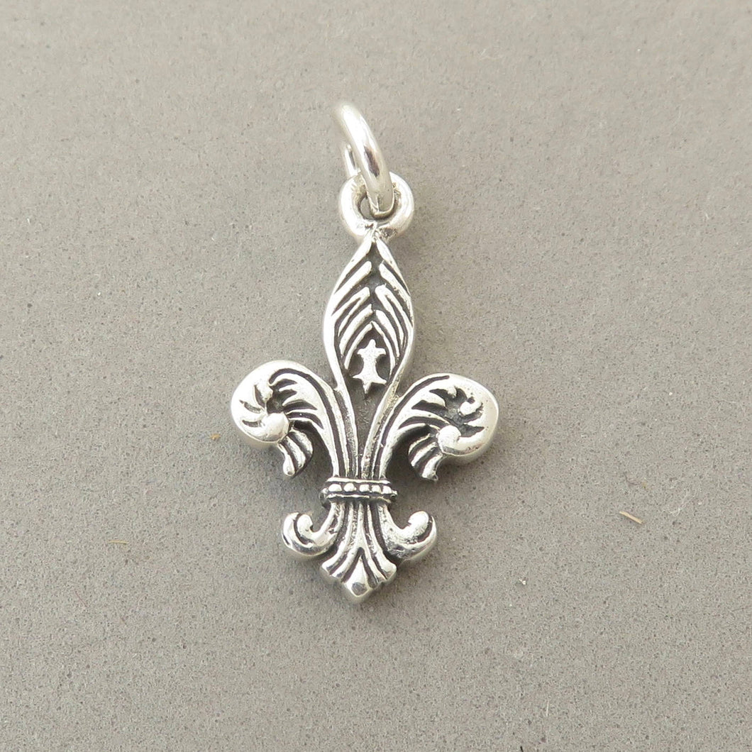 FLEUR DE LIS Detailed .925 Sterling Silver 3-D Charm Pendant France Paris NOLA Symbol tf13