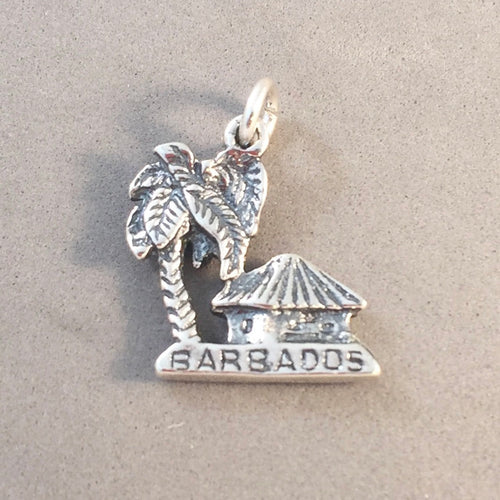 BARBADOS .925 Sterling Silver Charm Pendant Caribbean island Palm Tree Grass Hut Shack TR07