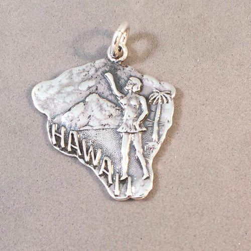 HAWAII BIG ISLAND .925 Sterling Silver Map Charm Pendant Kona Hilo Volcanos National Park TH05