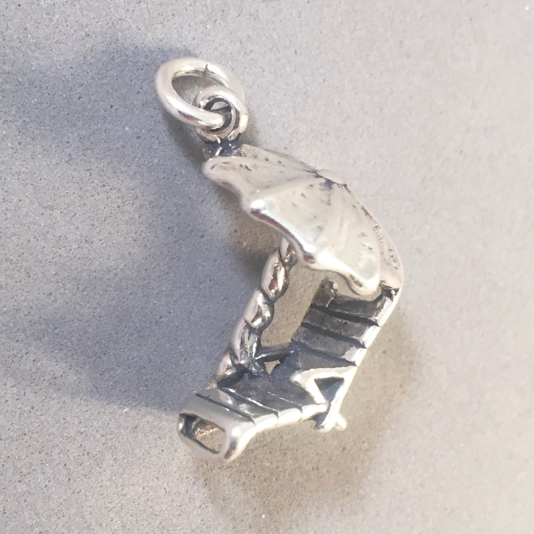 BEACH CHAIR & UMBRELLA .925 Sterling Silver 3-D Charm Pendant Lounge Parasol Vacation Deck NT01