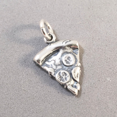 SLICE OF PIZZA .925 Sterling Silver 3-D Charm Pendant Fast Junk Food Italy Italian Pepperoni kt43