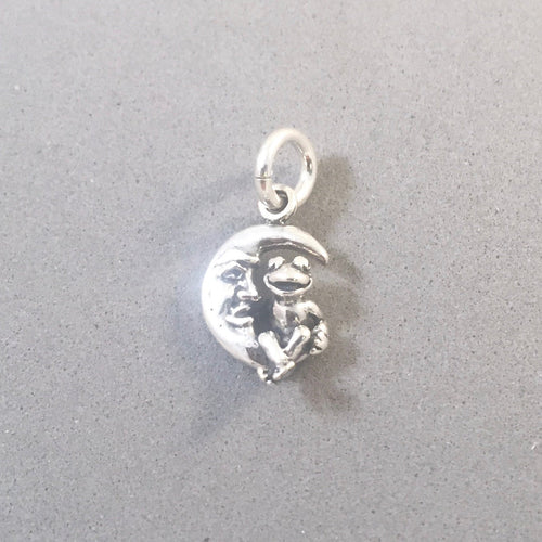 FROG Sitting on the MOON .925 Sterling Silver 3-D Charm Crescent Man in the Moon my02