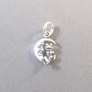 FROG Sitting on the MOON .925 Sterling Silver 3-D Charm Crescent Man in the Moon my02