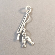 Load image into Gallery viewer, FISHING POLE .925 Sterling Silver 3-D Charm Pendant Reel Rod &amp; 2 Fish Caught Lake River nt12