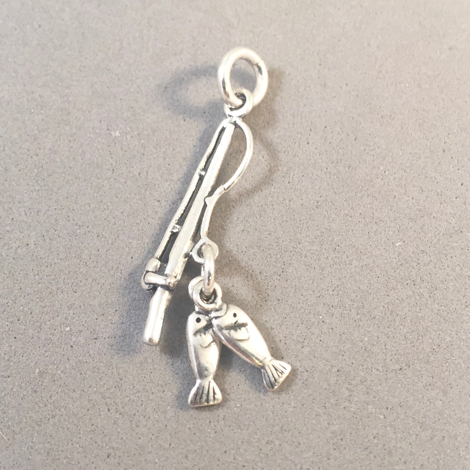 FISHING POLE .925 Sterling Silver 3-D Charm Pendant Reel Rod & 2 Fish –  Haylee's Silver
