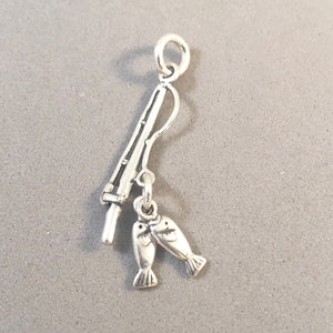 FISHING POLE .925 Sterling Silver 3-D Charm Pendant Reel Rod & 2 Fish Caught Lake River nt12